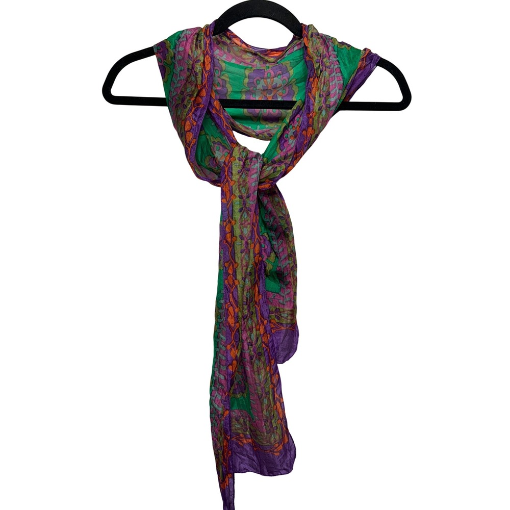 Bohemian Floral Mandala Print Sheer Scarf Green Purple Orange 9" Wide 66"‎ Long